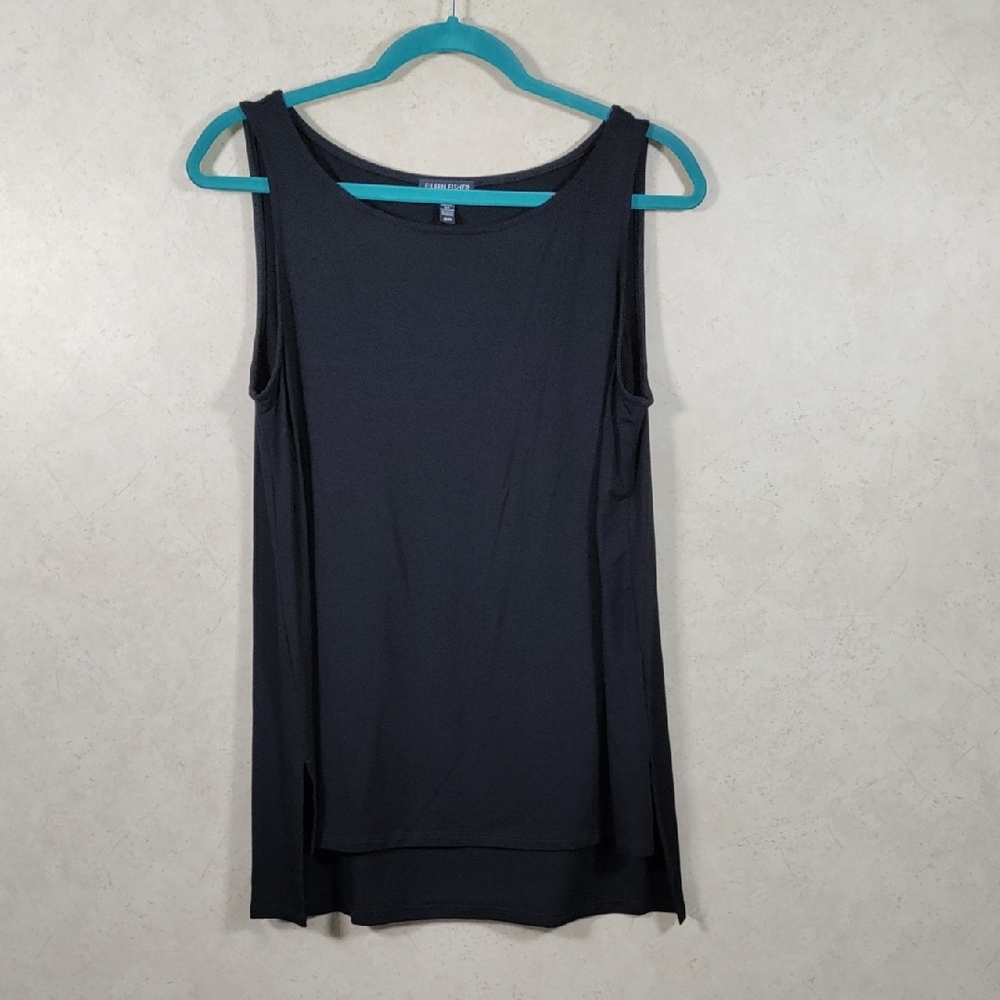 H151 Eileen Fisher black stretch knit high low tank top M